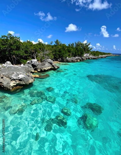 Clear water, rocky shore, blue sky
