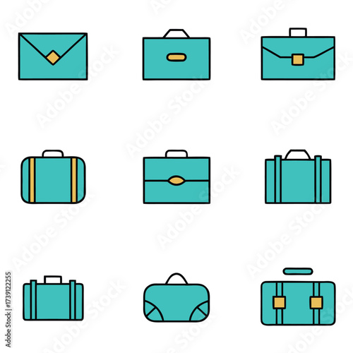 Collection of teal and gold briefcase and bag icons on white background luggage travel