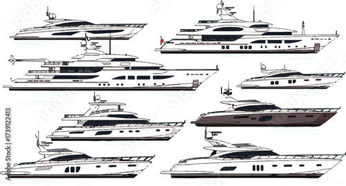 The image displays a collection of nine yacht illustrations or drawings. They vary in style and size, but all share a similar level of detail and line work.