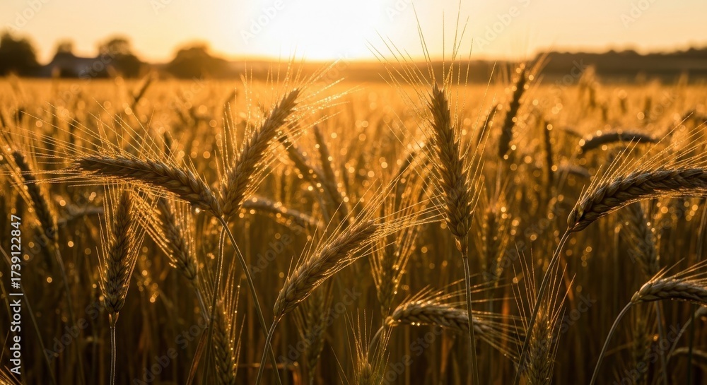 Obraz premium Golden wheat field during sunset, agriculture farmland landscape view