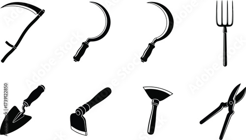 Collection of gardening tools scythe, sickle, pitchfork, trowel, hoe, cultivator, and pruning shears for garden care
