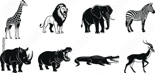 Collection of african animals silhouettes set of different african wildlife animals in various shapes and sizes