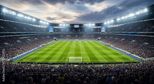 Dramatic Wide View of a Massive Soccer Stadium Packed with Spectators. Full Arena Lit by Bright Floodlights on a Championship Match Night