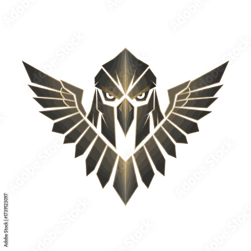Spartan eagle head with geometric feather lines, metallic gold and dark gray gradient, forward gaze, sharp minimalist angles, battle-ready style on white background
