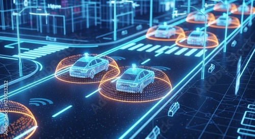 Autonomous Self Driving Cars on Smart City Road. Futuristic Technology of Driverless Transport, AI, and Sensor System for Urban Traffic Network