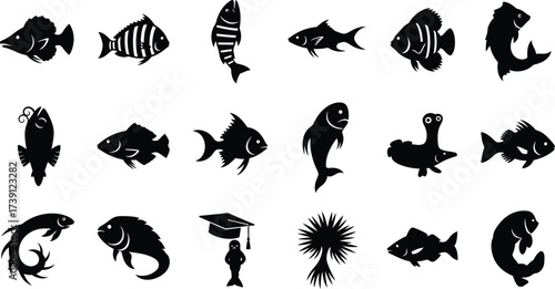 Collection of different fish species silhouettes, showcasing various shapes and sizes of aquatic creatures