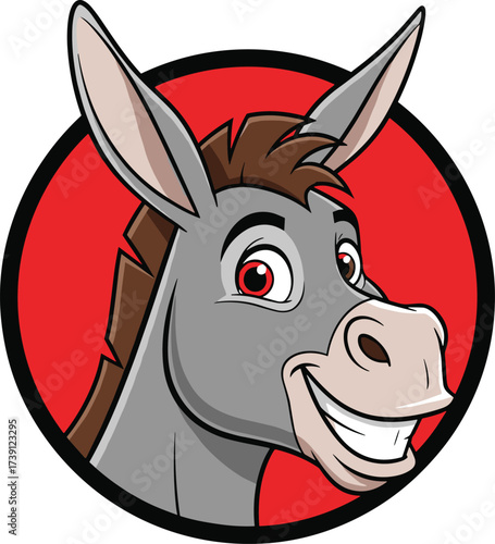 Funny cartoon donkey smiling face illustration, cute animal mascot logo design, farm animal vector art, character drawing with red circle background