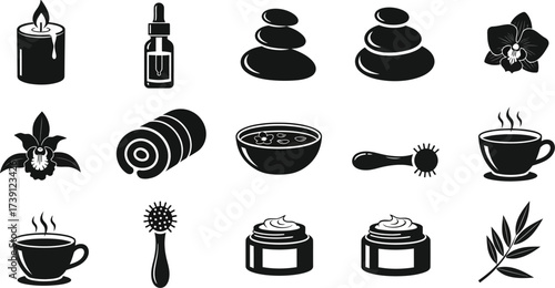 Collection of spa and wellness icons includes candle, oil, stone, towel, cream, flower, cup, and leaf for relaxation