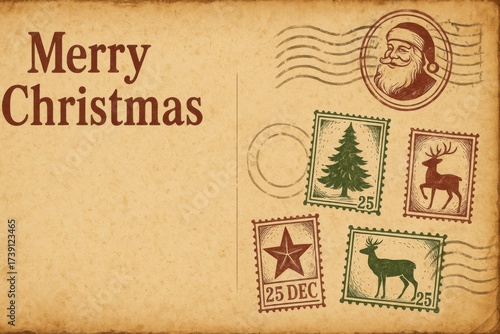 Vintage Christmas Postcard with Santa, Reindeer, and Christmas Tree Stamps.