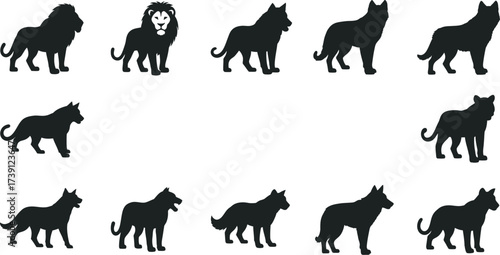 Wild predator pack silhouette vector illustration set of different wild animals