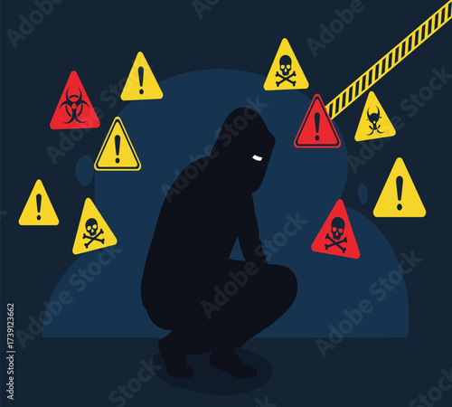 Hooded Hacker with Laptop and Binary Code — Cybersecurity Vector Illustration