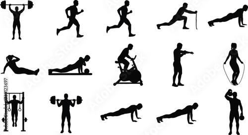 Silhouette collection of people doing different exercises set of sport activity icons