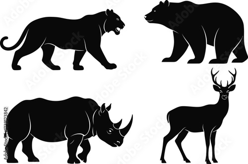 Set of wild animal silhouette vector illustration of panther, bear, rhino and deer 