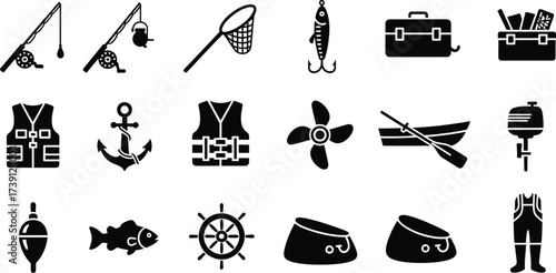 Fishing equipment and accessories in black silhouette, perfect for outdoor adventure and recreational activities