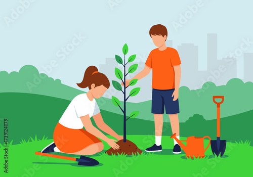 Mother and son planting a young tree together in a city park, promoting environmental care and sustainable living for a greener future