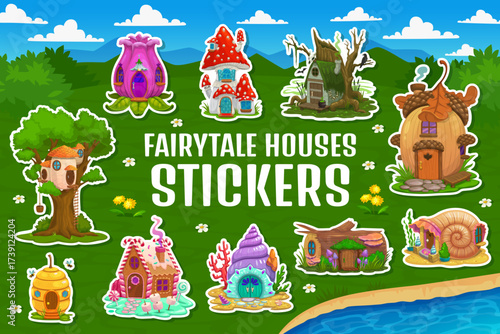 Fairytale houses stickers pack of cartoon homes and dwellings, vector set. Dwarfs or magic fairy houses stickers of hut in tree or mushroom, oak acorn and cookie house or underwater shell and flower