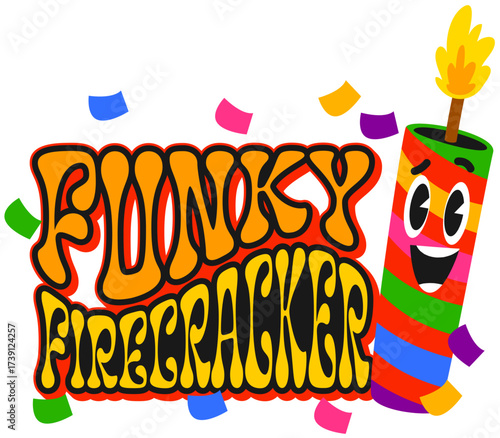 Dynamite and tnt vintage y2k sticker, bomb retro patch label. Vector badge with groovy typography and colorful smiling cartoon firecracker surrounded by confetti bursts with party vibes and funk flair