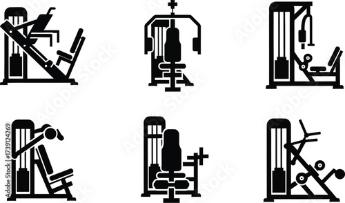 Gym equipment silhouette vector set includes leg press, multi gym, lat pulldown and other machines
