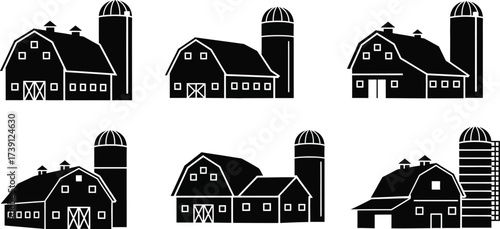Silhouette of a barn with a silo vector illustration of a farm building in black and colors