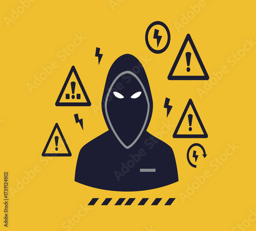 Hooded Hacker with Laptop and Binary Code — Cybersecurity Vector Illustration