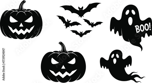 Halloween silhouettes vector illustration of pumpkin, bat and ghost in black and colors for halloween