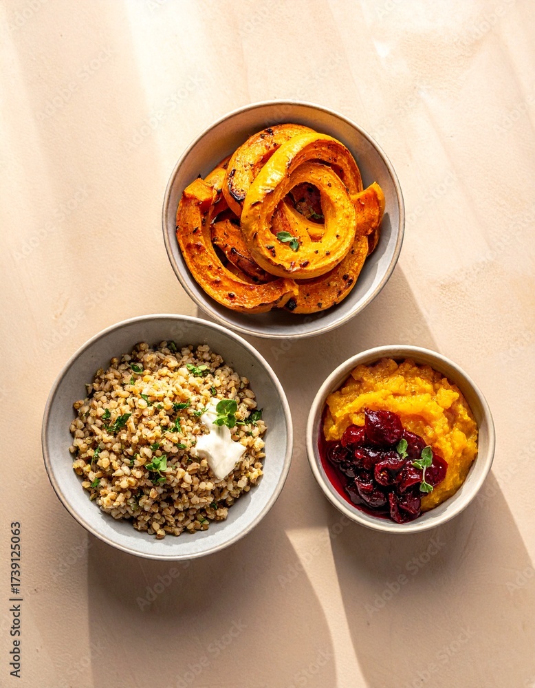 Fototapeta premium Roasted squash, grain bowls, healthy autumn dinner