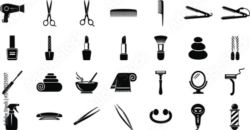Collection of beauty salon equipment icons vector set of cosmetic, makeup, and hairdressing tools in silhouette style