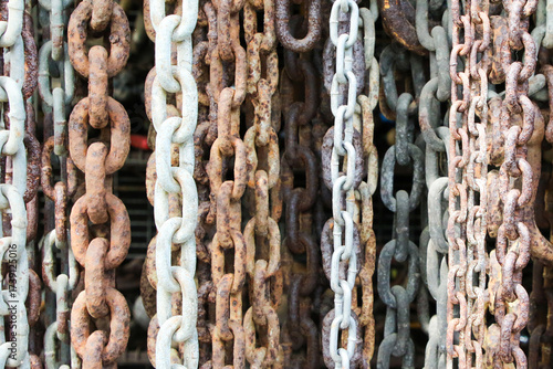Old rusty chains hanging in a shop.