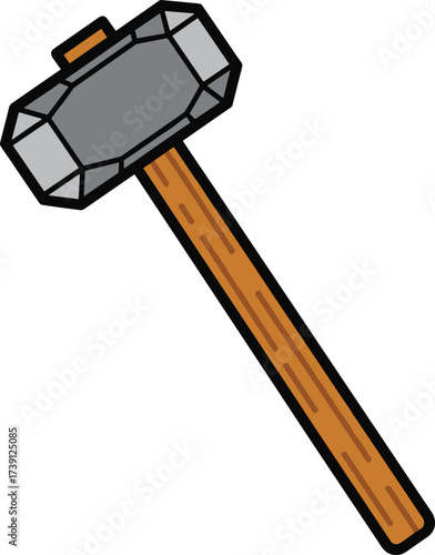 Cartoon sledgehammer illustration, construction hammer tool design, heavy hammer vector, wooden handle hammer drawing, industrial tool clipart, repair equipment artwork