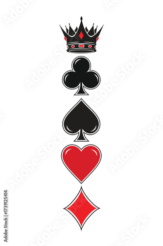Crown and playing card symbols logo a vertical arrangement of playing card suits and a crown, isolated on a