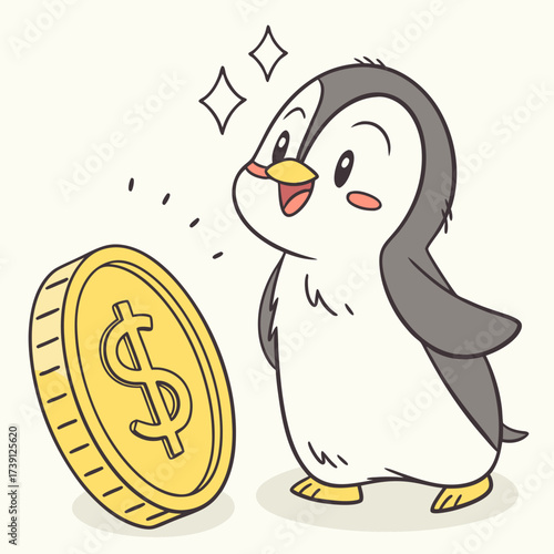 Vector art of an imposing elephant strides confidently, its trunk raised as it approaches a golden coin, creating a scene of financial strength and prosperity