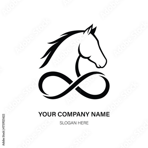Infinity symbols horse logo elegant horse head silhouette forming an infinity symbol, , with placeholder text for company name and tagline