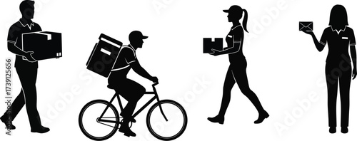 Silhouette of delivery workers carrying packages and delivering orders courier bicycle, man walking with box, woman holding card