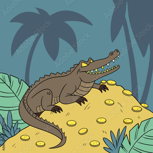 Vector art of a gleeful crow gazes upon a treasure trove of gold bars stacked before a barred gate, its eyes wide with delight, as it contemplates the riches before it