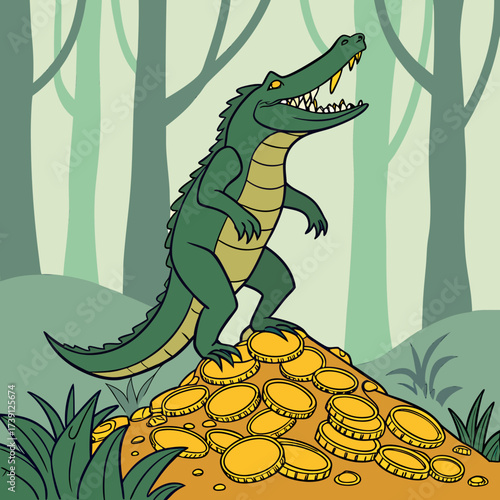 Vector art of a cartoon illustration of a raven perched near a pile of gold bars in a dimly lit, dungeonlike setting, evoking themes of wealth, mystery, and the allure of hidden treasure