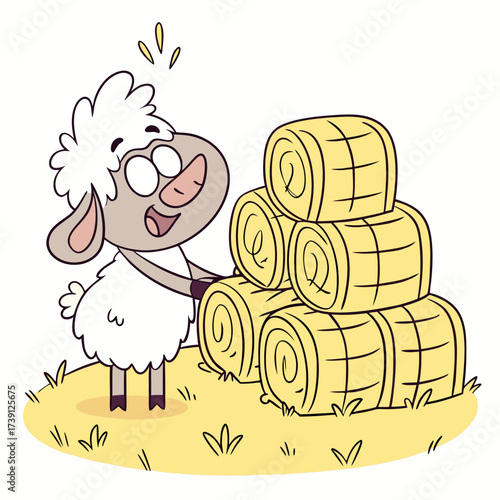 Vector art of a cartoon sheep is stacking hay bales, symbolizing hard work and agricultural abundance