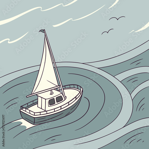 Vector art of a serene beach scene with palm trees, gentle waves, and a clear sky, evoking a sense of tranquility and escape with a vintage and minimalist style