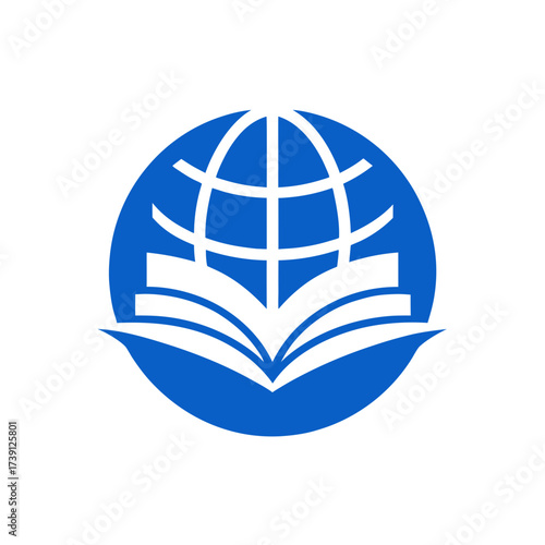 Blue globe with book in the center icon on transparent background