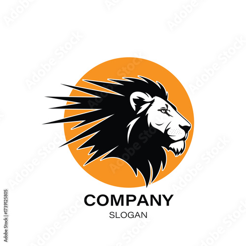 Minimalist graphic lion head logo stylized lion head logo with flowing mane and orange circle