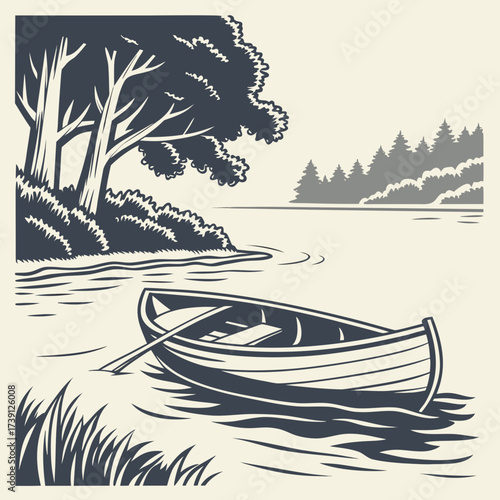Vector art of monochrome illustration of a rowboat resting on the waters edge near a treelined shore, with a distant view of forested hills under a calm sky, creating a vintage nautical scene
