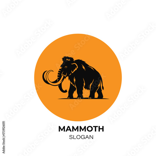 Minimalist graphic wild mammoth logo silhouette of a mammoth with tusks inside a circle, with the word mammoth and slogan below