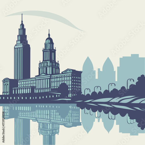 Vector art of a captivating landscape illustration features a majestic waterfall cascading into a serene river, framed by the silhouette of trees, creating a dramatic and enchanting natural spectacle