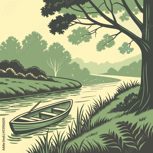 Vector art of a serene vector landscape featuring a rowboat on a calm river, surrounded by lush greenery and a large tree, creating a peaceful and idyllic scene, perfect for naturethemed designs