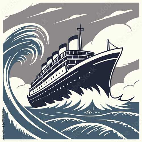 Vector art of a dramatic vector illustration of a cruise ship navigating through a turbulent sea with a massive wave, capturing the power and grandeur of ocean travel amidst a stormy sky