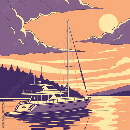Vector art of a luxurious yacht sails on the serene sea at sunset, framed by dramatic clouds and silhouetted trees, capturing the essence of opulence and maritime adventure in a scenic view