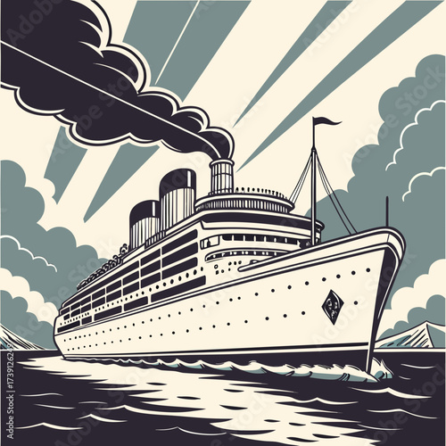 Vector art of a majestic cruise ship sails through the ocean, leaving a trail of smoke against a backdrop of clouds and sun rays, symbolizing grand voyages and maritime exploration in a vintage style