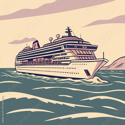 Vector art of a majestic cruise ship sailing on the open sea, with gentle waves and a cloudy sky, evoking a sense of luxury travel and ocean exploration, perfect for a relaxing vacation