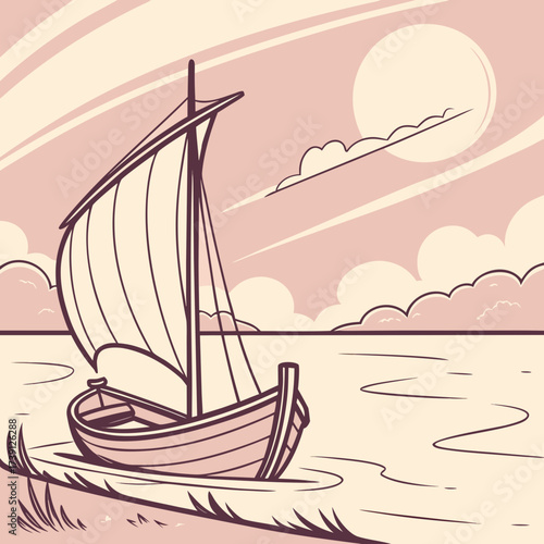 Vector art of a serene illustration of a sailboat gliding on calm waters under a pastel sky, with a gentle sun and soft clouds, evoking a sense of tranquility and peacefulness in a minimalist style