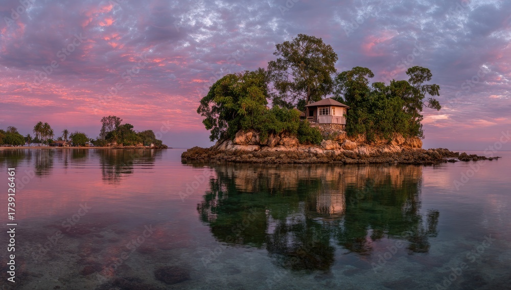 Fototapeta premium Peaceful island retreat at sunset.