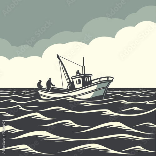Vector art of a fishing boat sails on the sea under a cloudy sky, two fishermen on board, one standing and one sitting, the boat is white and the sea is dark, the sky is gray and the clouds are white